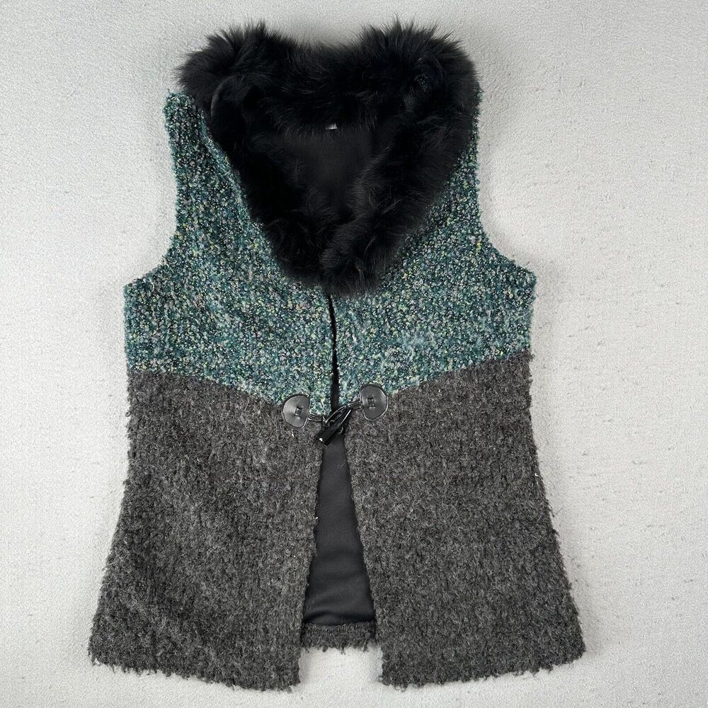 Paola Poggi Knit Faux Fur Vest Women’s 36 Blue Gray Lined Wool‎ Blend Toggle